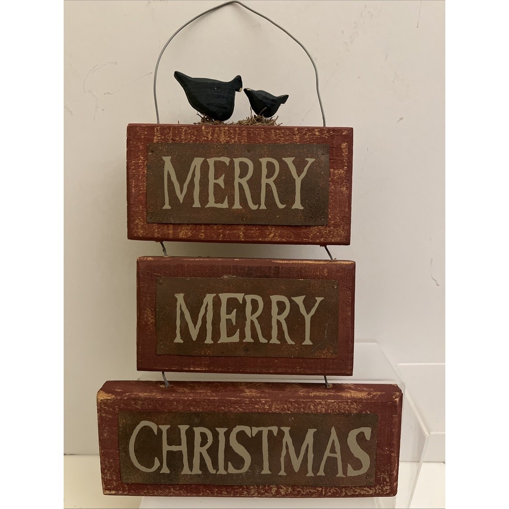 Rustic‎ Stacked Wooden Sign Merry Merry Christmas Farmhouse Cottage Core Birds